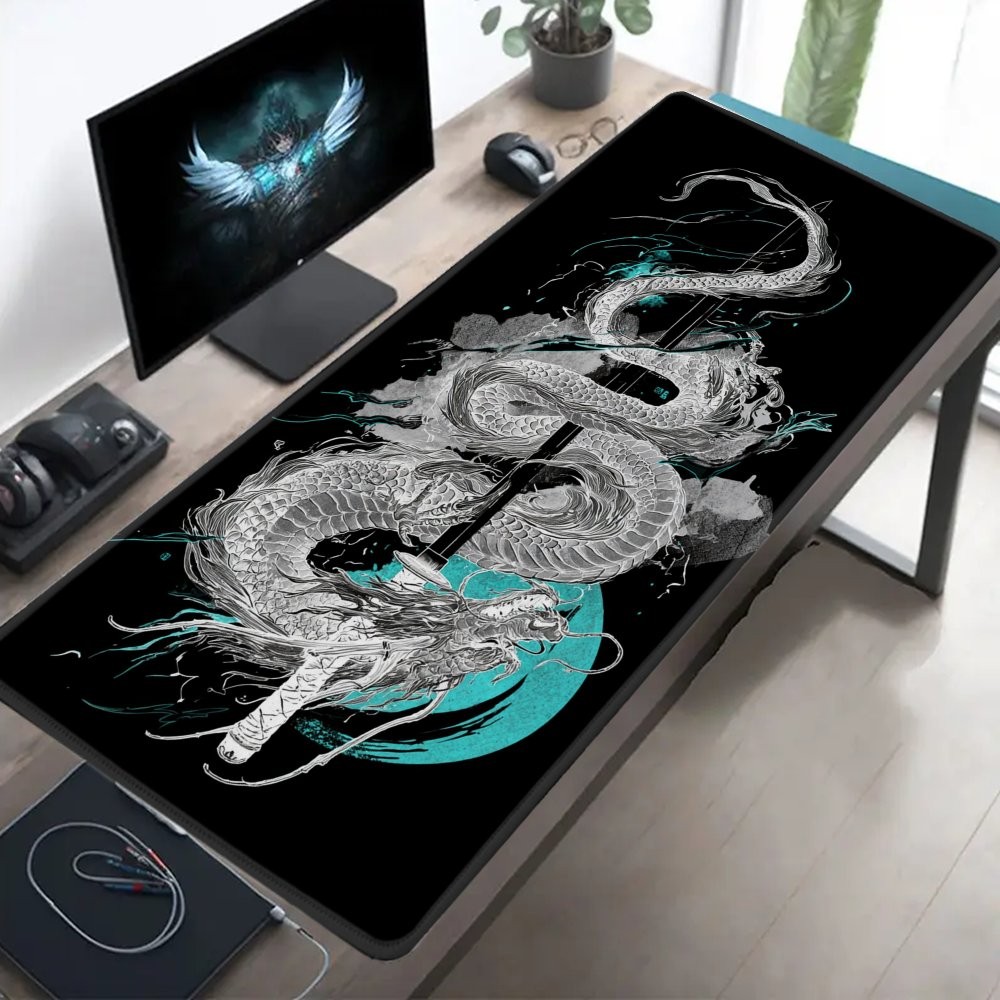 XXL Large Gaming Mouse Pad | Japanese Style with Silver-White Dragon Coiled Ka