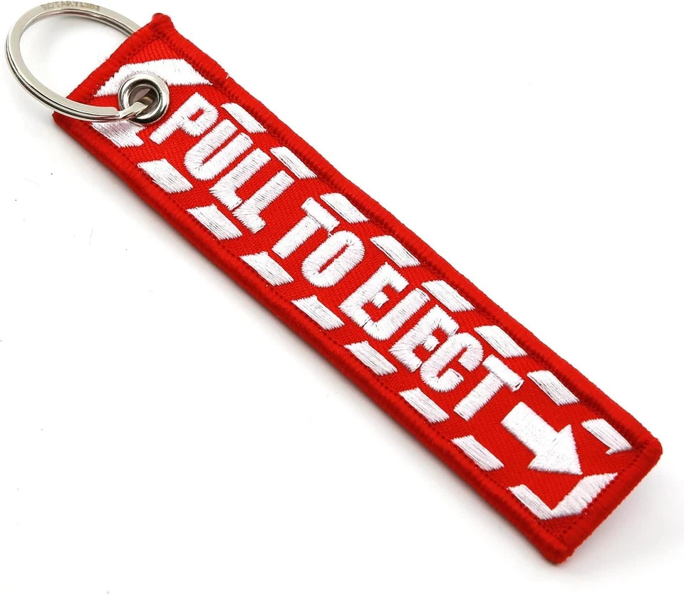 PULL to EJECT Key Chain - Red with White Embroidered Letters - Quantity = 1