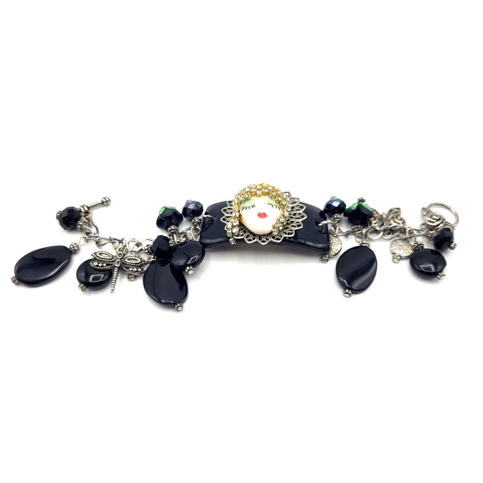 Handcrafted Artisan Rhinestone Jet Bracelet Woman Butterfly Dragonfly Flowers 8"