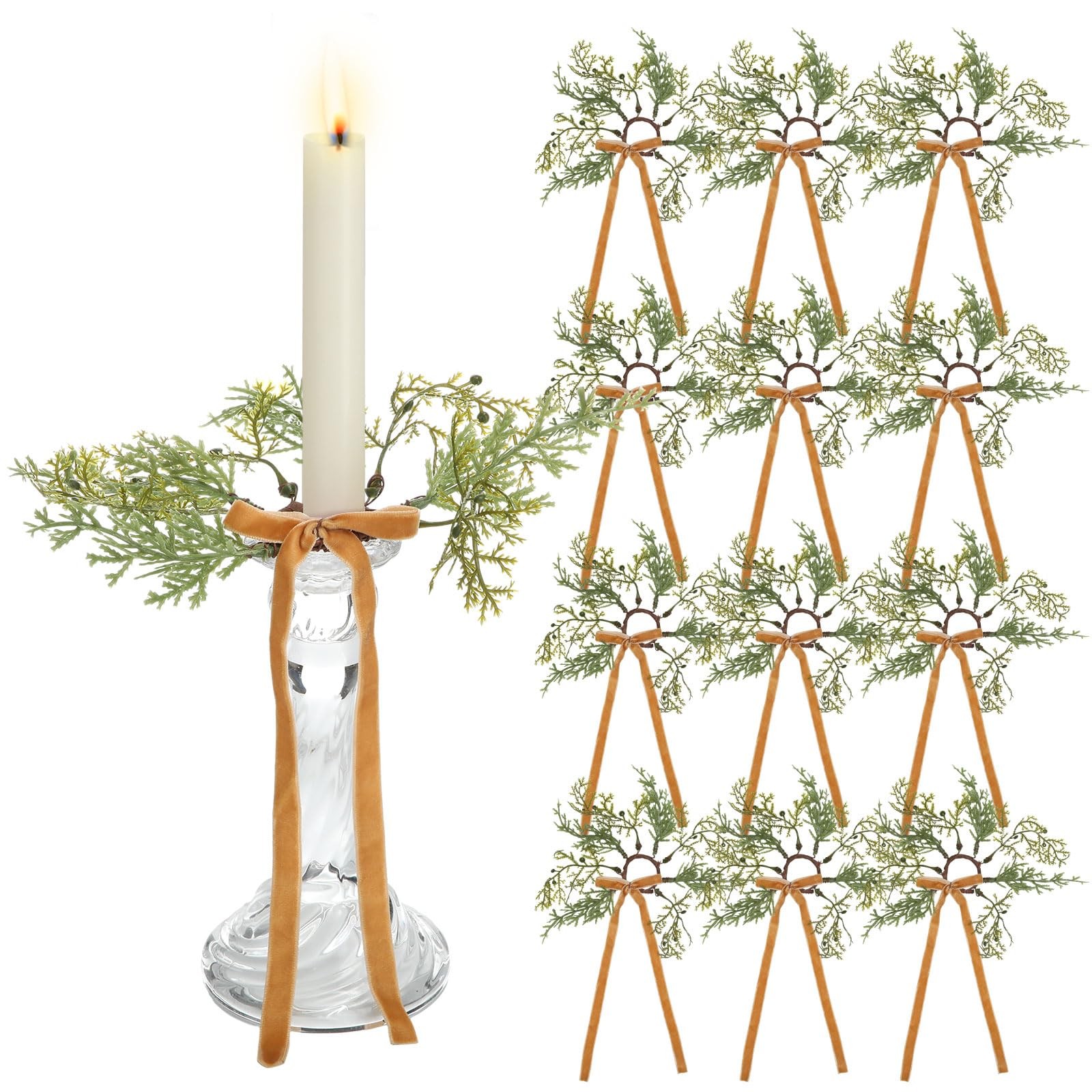 12 Pcs Christmas Pine Taper Candle Rings Wreaths with Velvet Bow Ribbon 1.38