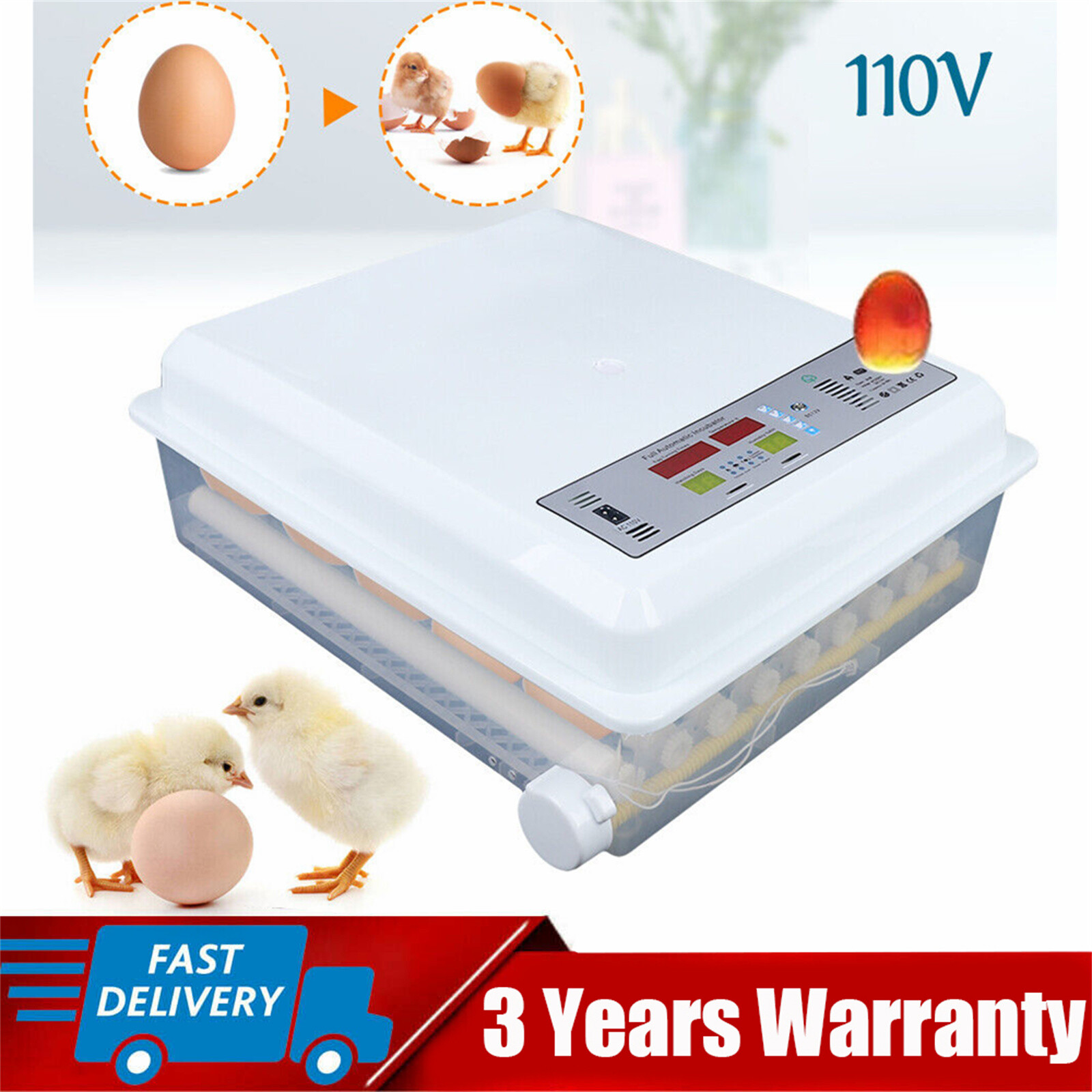 64-Egg Automatic Incubator Dual Power 110V/12V Digital Temp Control Auto Turner