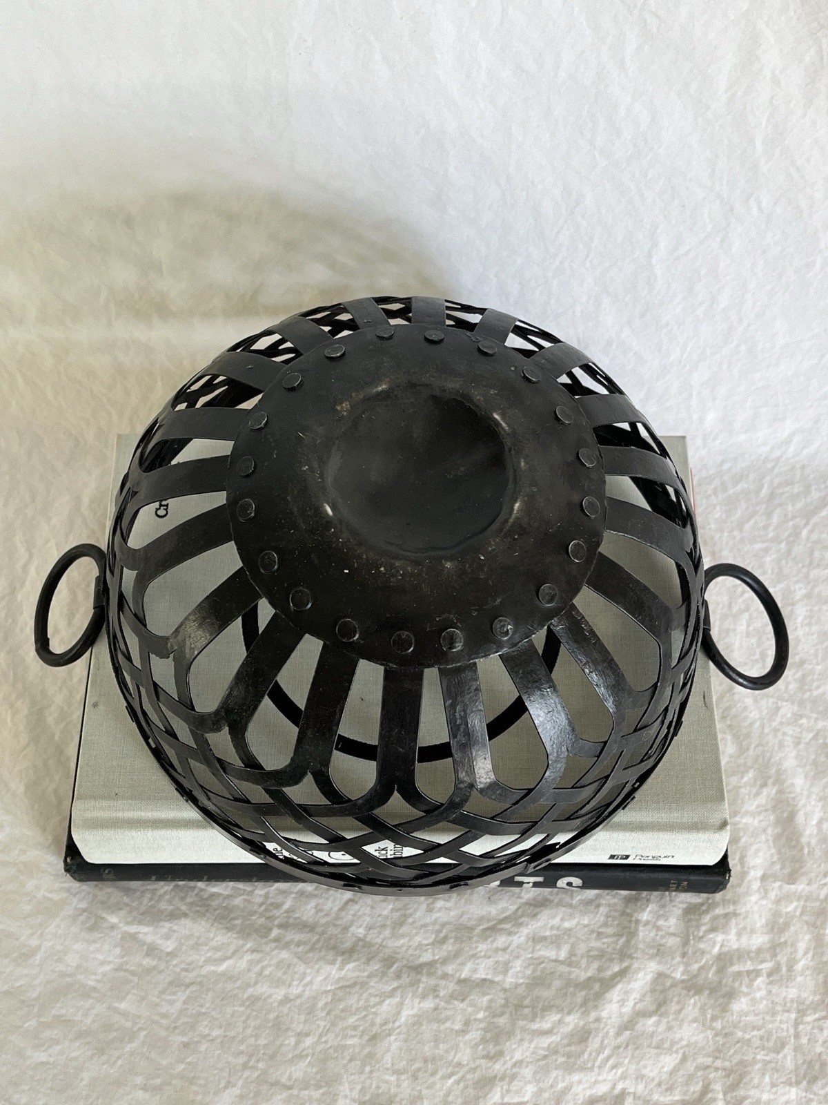 Black Resin Basket with Ring Handles Inspired by Cast Iron Baskets