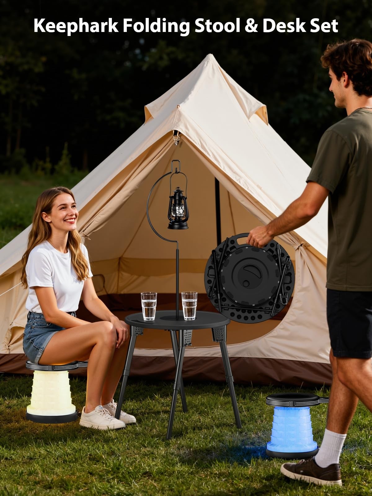 Collapsible Camping Stool with Lights, Adjustable Height, Portable Folding Chair