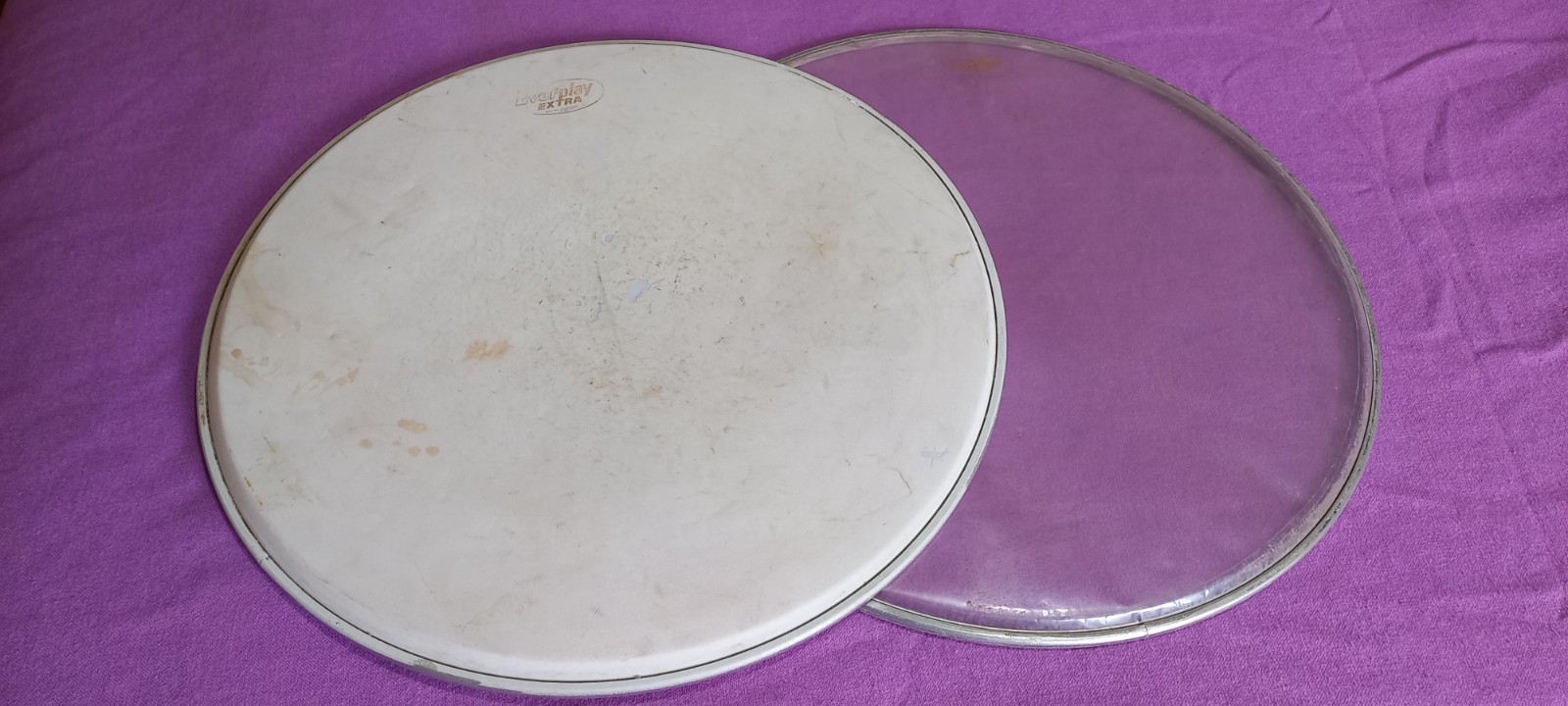 PAIR X Vintage 60s Premier Everplay Gold logo 14" snare drum heads used AS SHOWN
