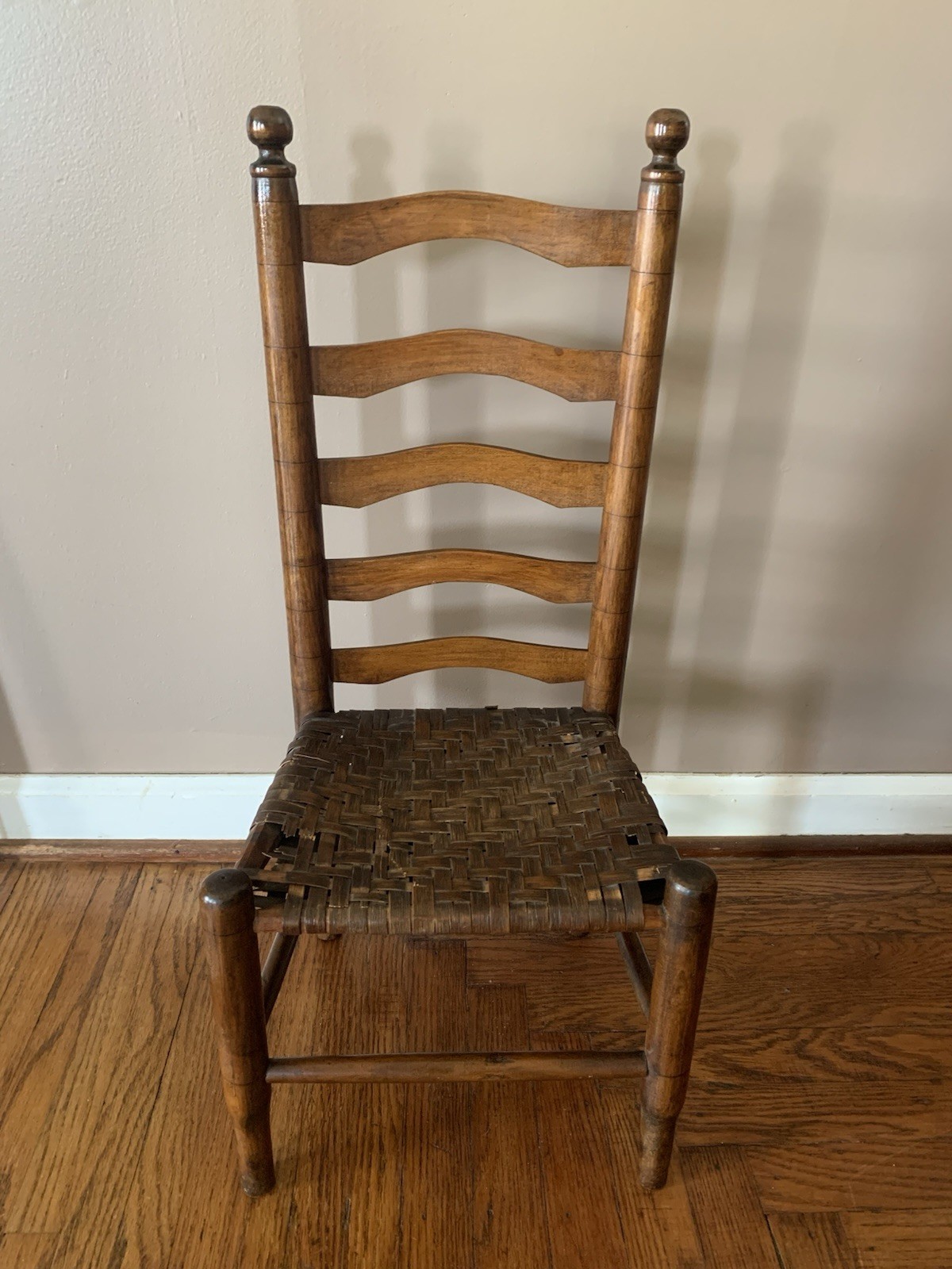 Antique  Primitive Early American Childs Ladder Back Chair Woven Splint Seat
