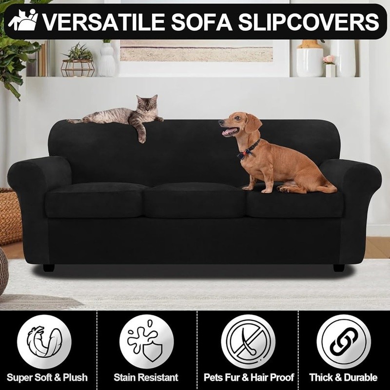 Velvet Sofa Cover 4 Piece Set Couch Protector Slipcovers Pet Friendly Easy Care