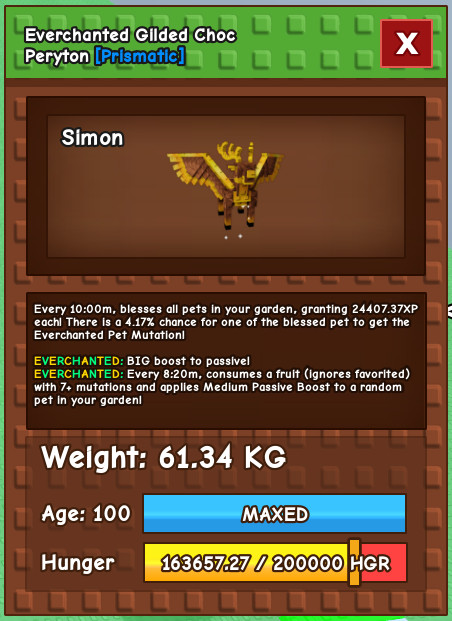 Grow a Garden Roblox - Everchanted Gilded Choc Peryton 61+ KG
