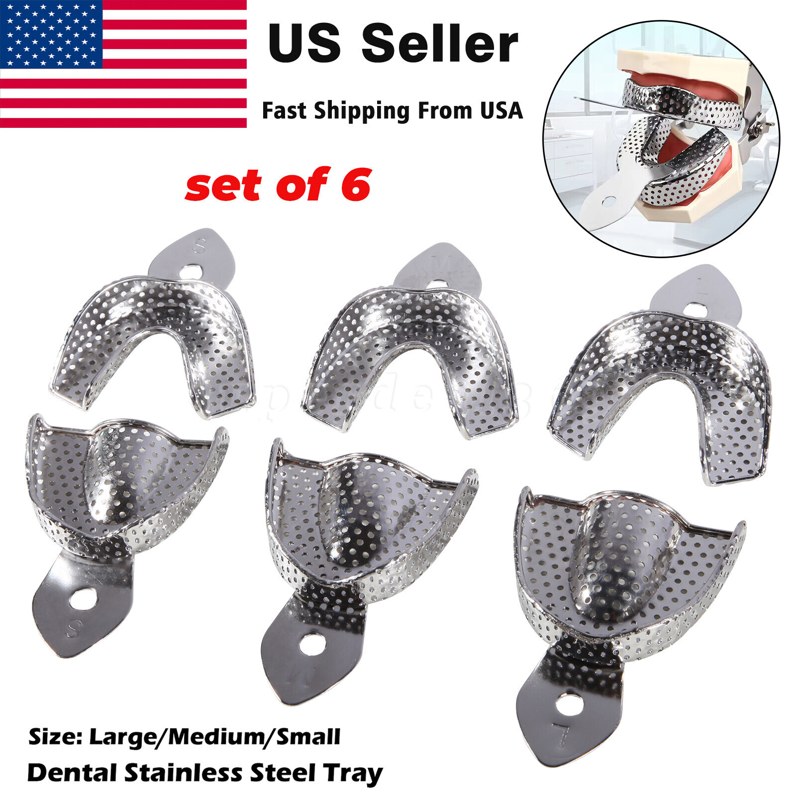 DENTAL STAINLESS STEEL IMPRESSION TRAYS AUTOCLAVABLE SET OF 6 sk