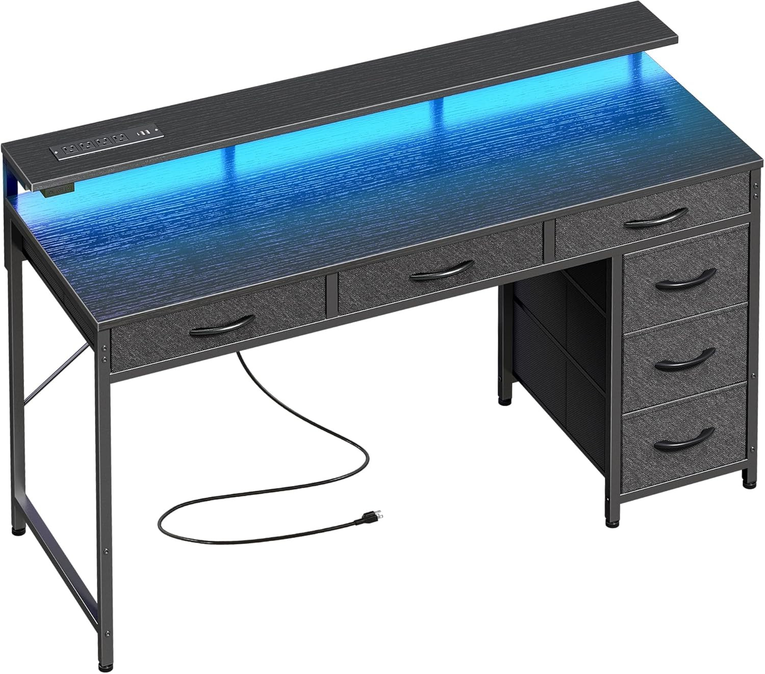 Gaming Desk with 6 Drawers, Computer Desk with LED Lights Power Outlets and Type