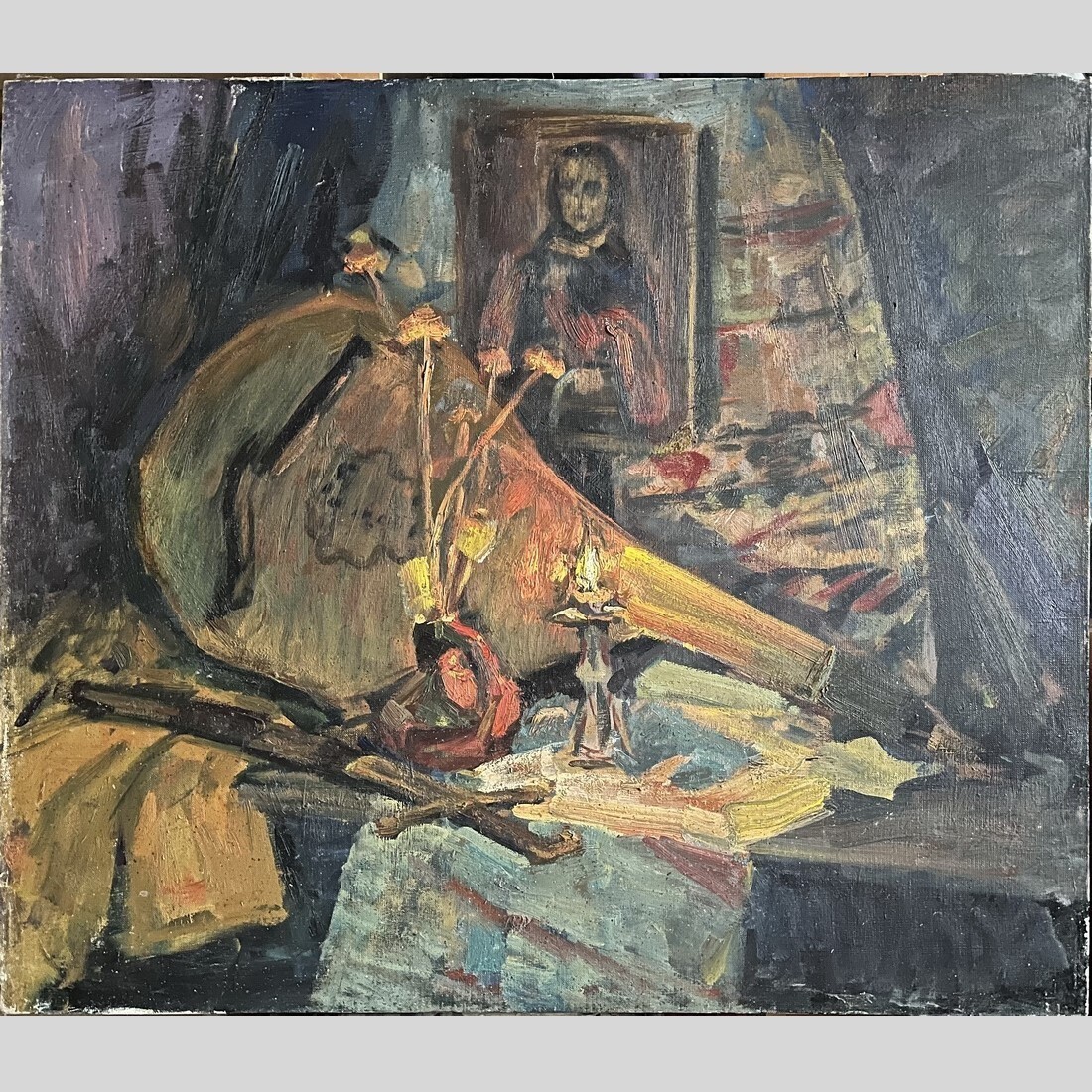 Old OIL Hand PAINTING/Bundura, Sabre, Icon/Ukrainian Still life Realism SIGNED