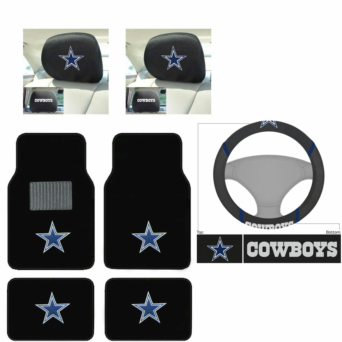 7PC NFL Dallas Cowboys Car Truck Floor Mats Headrest Covers Steering Wheel Cover