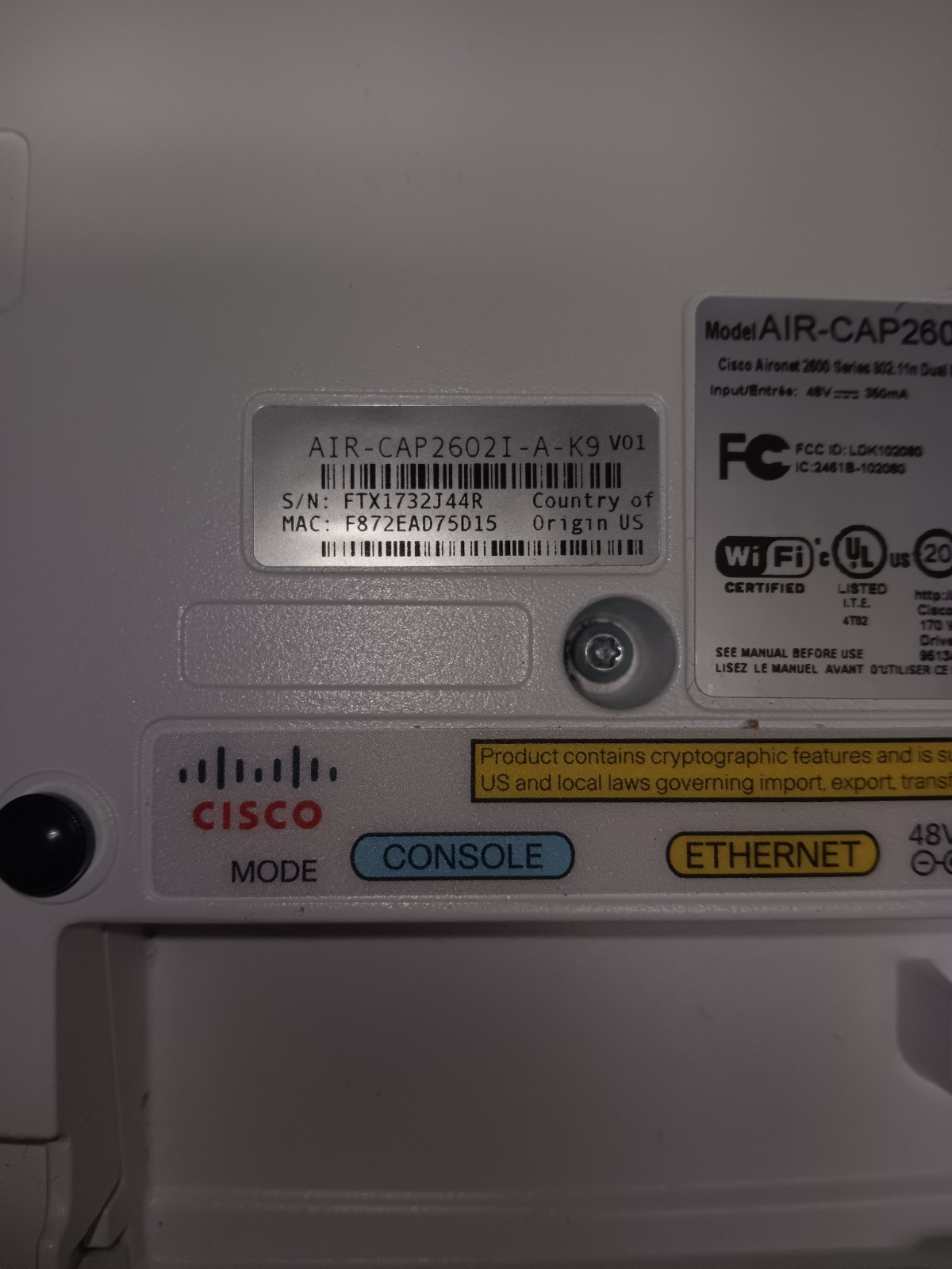 Cisco AIR-CAP2602I-A-K9, Wireless Access Points, 48VDC, 350mA - USED