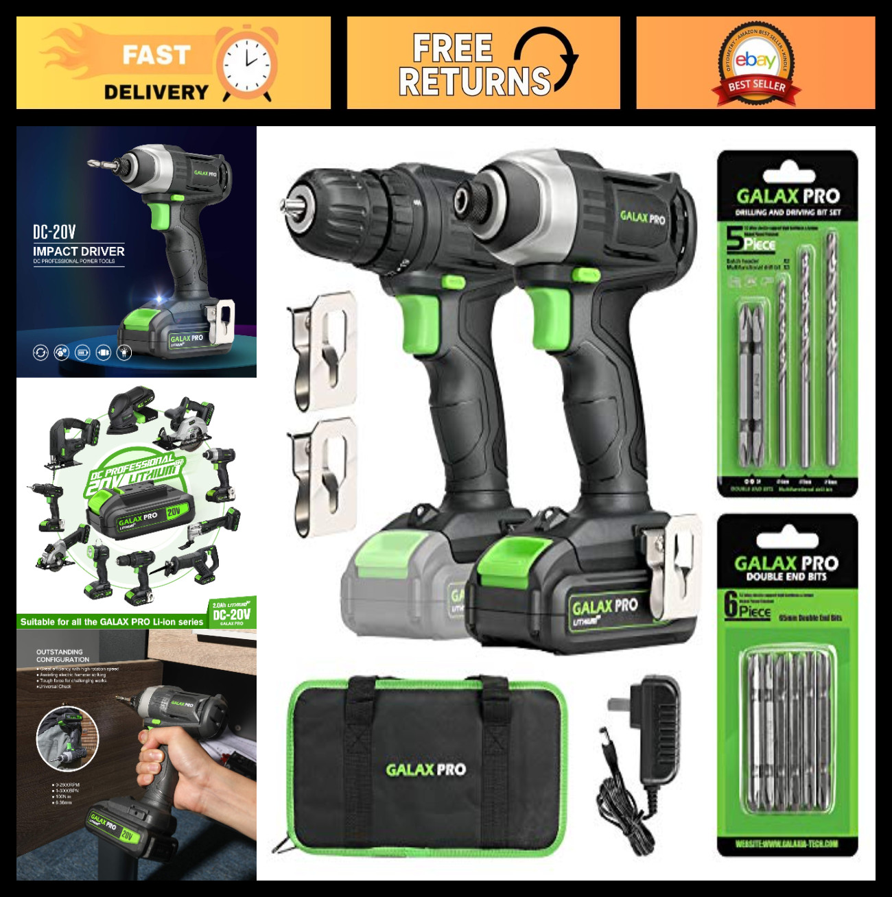 Cordless Drill Impact Driver Combo Kit - 1.3Ah Lithium-Ion Battery, Charger, 11
