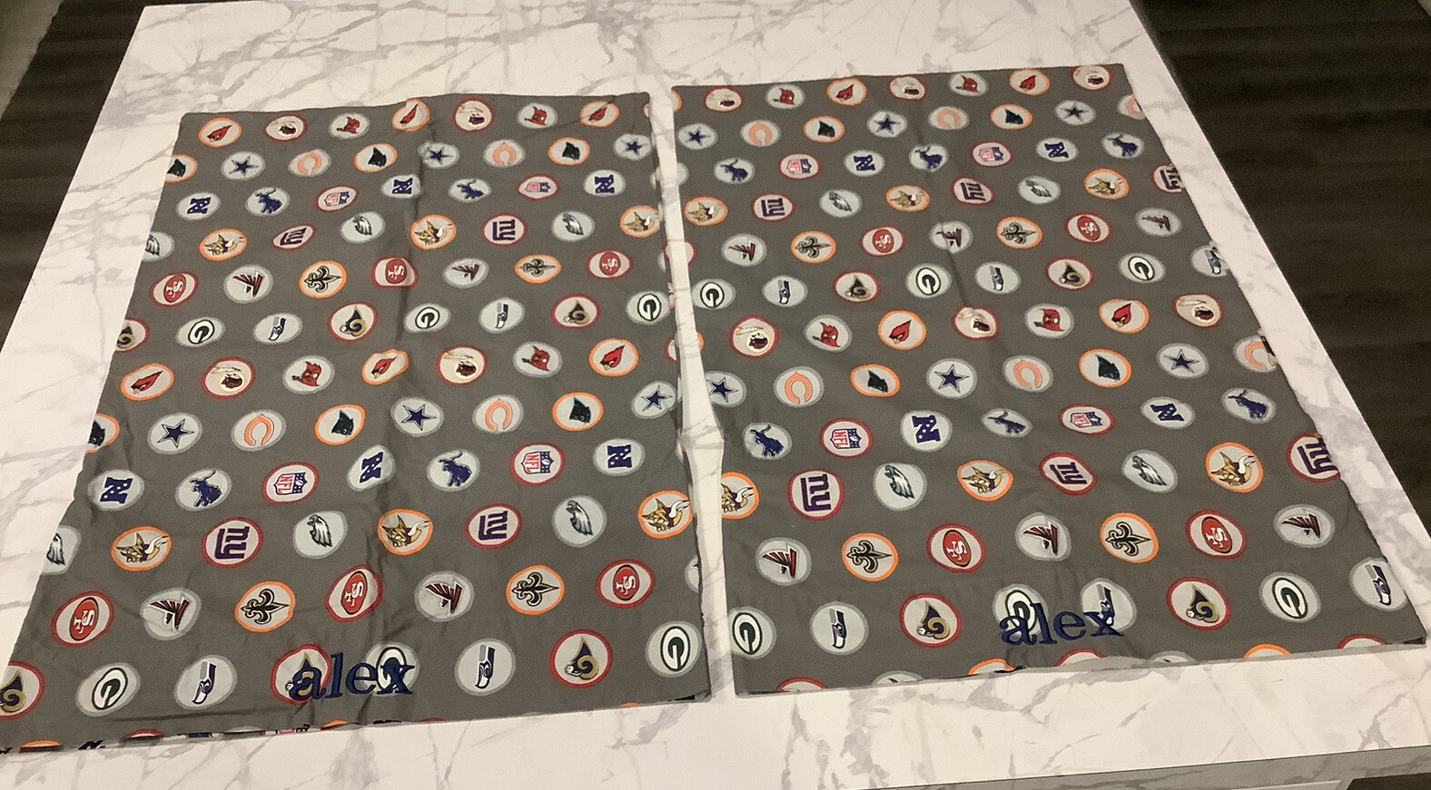 POTTERY BARN PB TEEN NFL LOGO 2 STANDARD SIZE PILLOW CASES WITH NAME “ALEX”