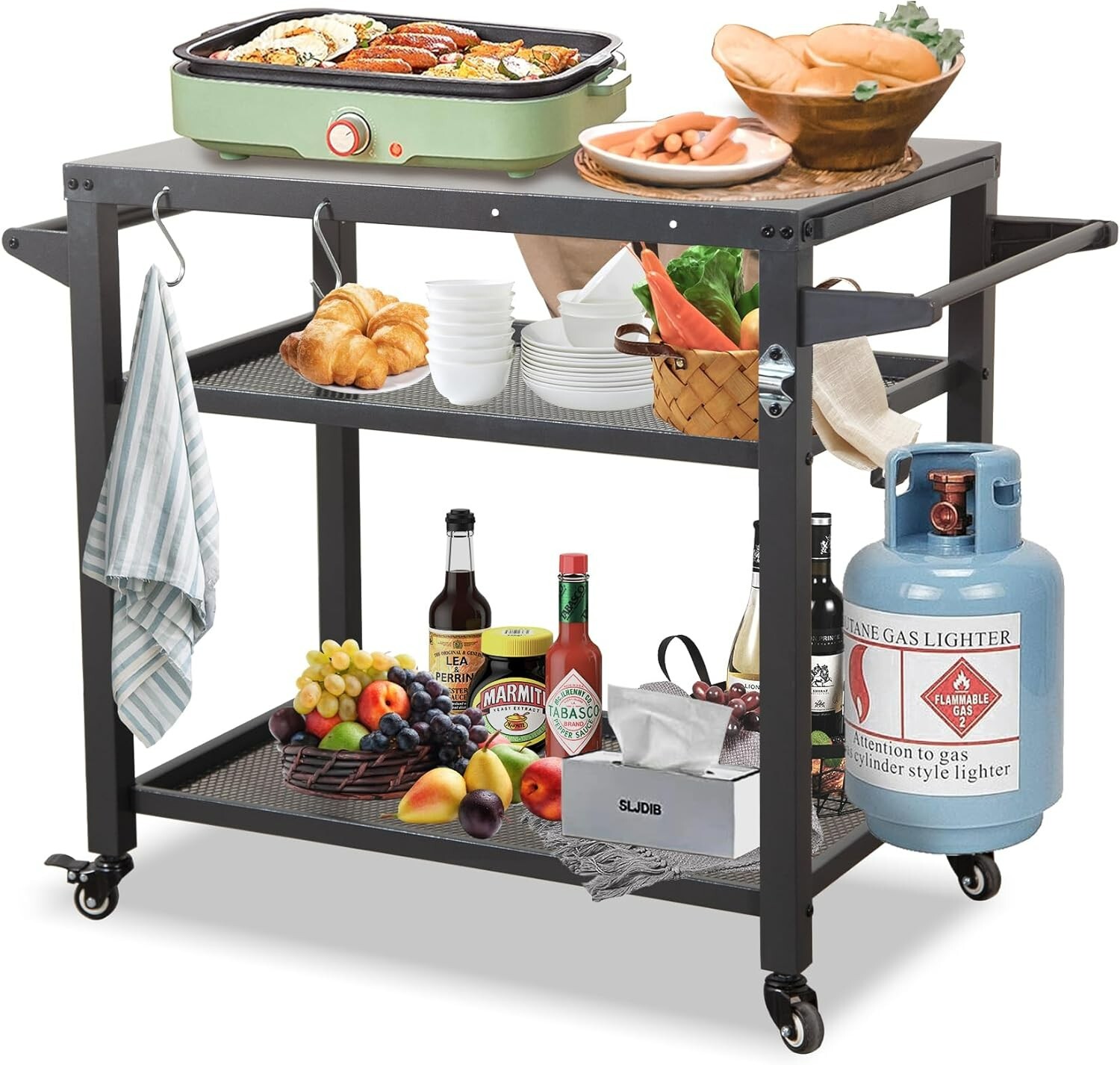Domi 3-Shelf Outdoor Grill Table,Grill Cart w/ Wheels &Propane Tank Hook for BBQ