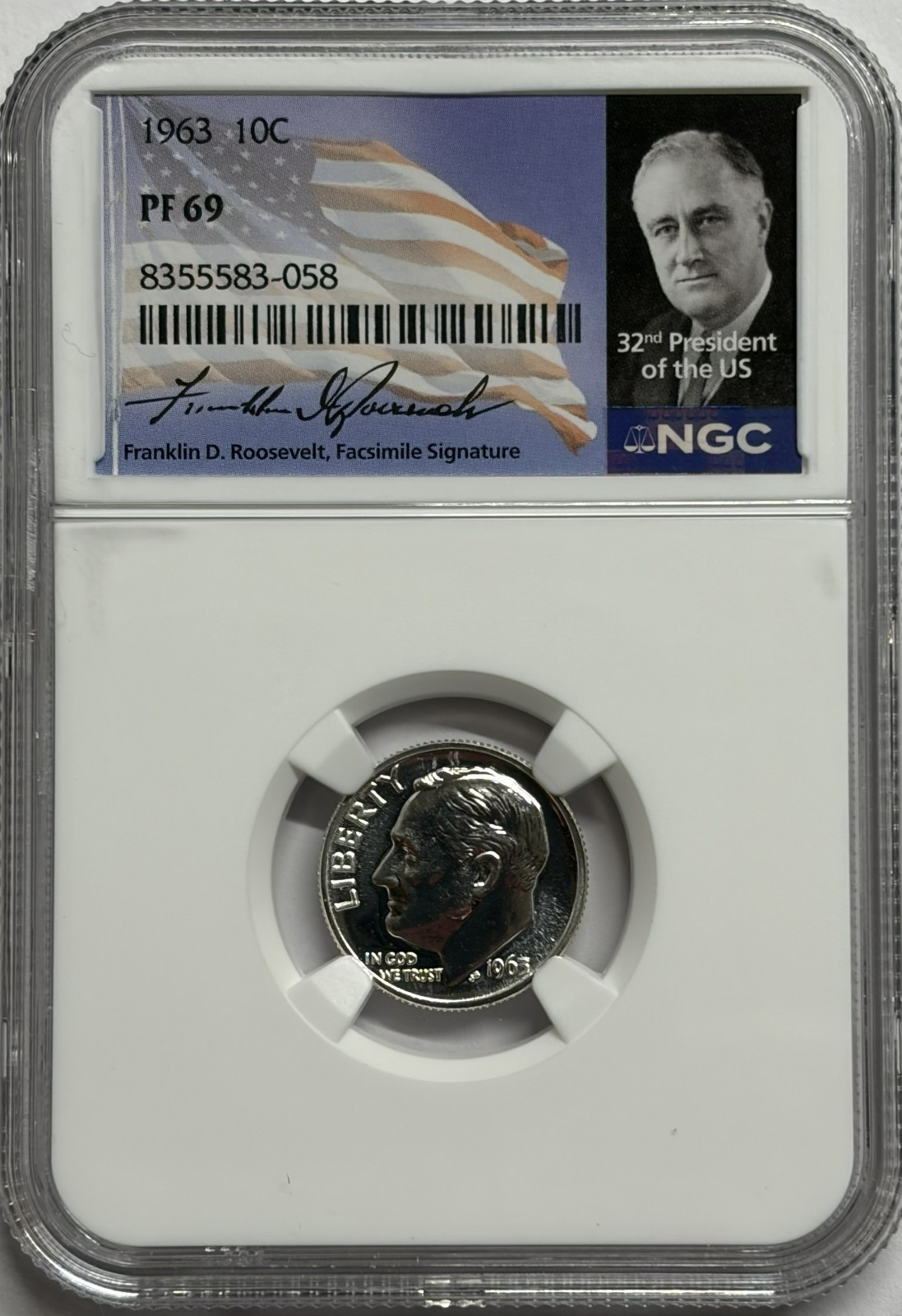 1963 NGC PF69 90% Proof Silver Roosevelt Dime 10C Signature Portrait Label