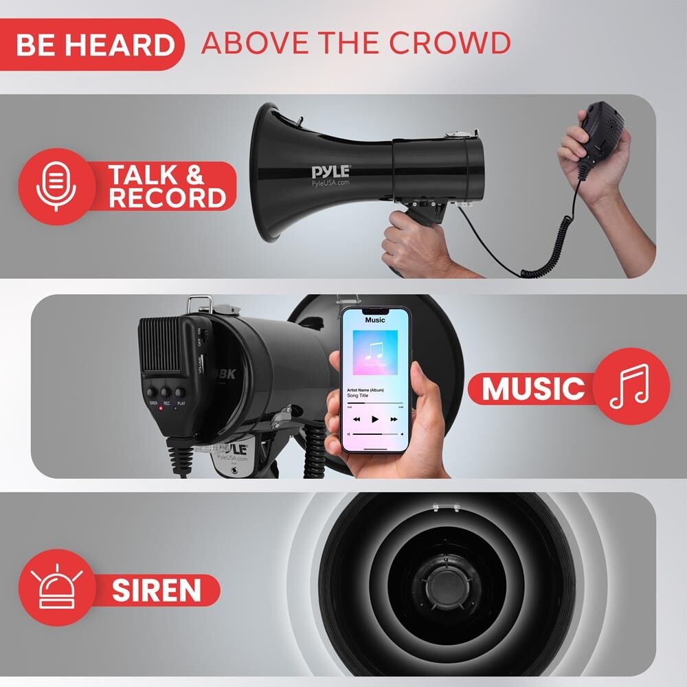 Pyle Lightweight & Portable Bullhorn Megaphone, Aux (3.5mm) Input (Black)