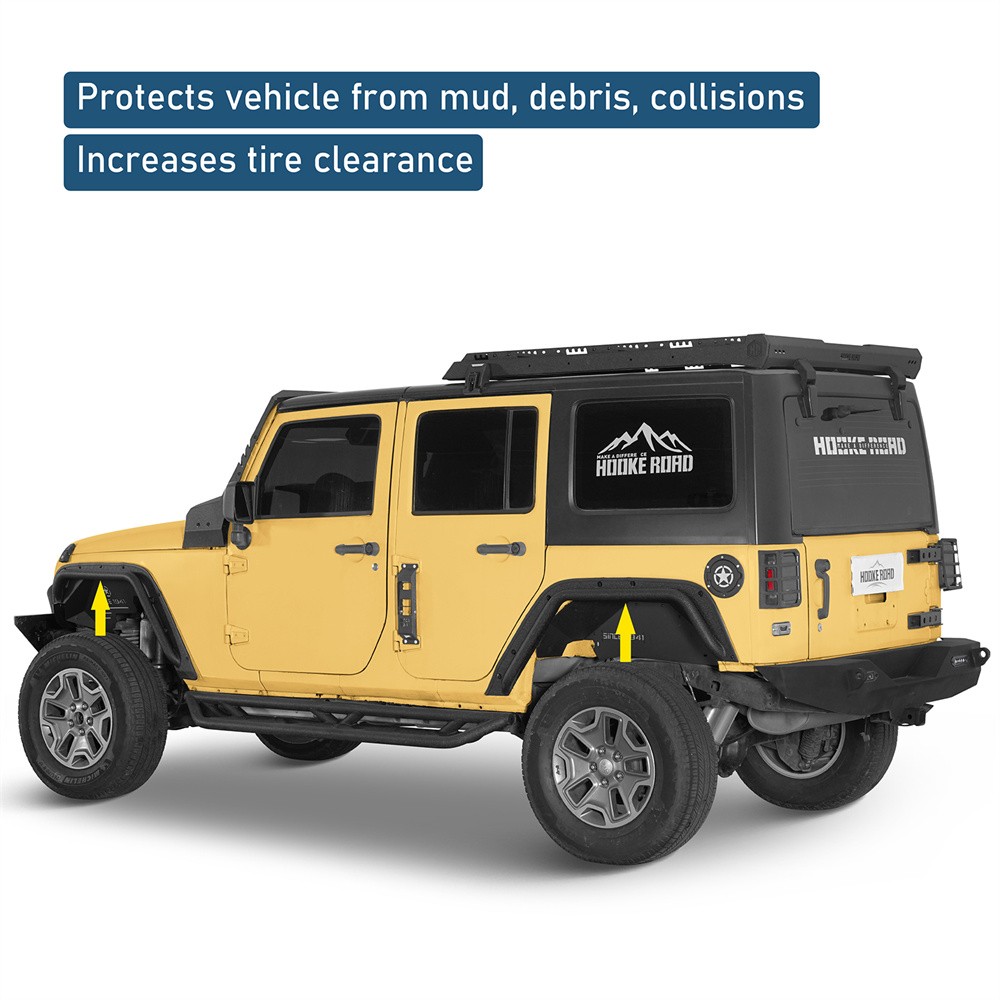 Hooke Road Front & Rear Compact Tube Fender Flares Fit 07-18 Jeep Wrangler JK