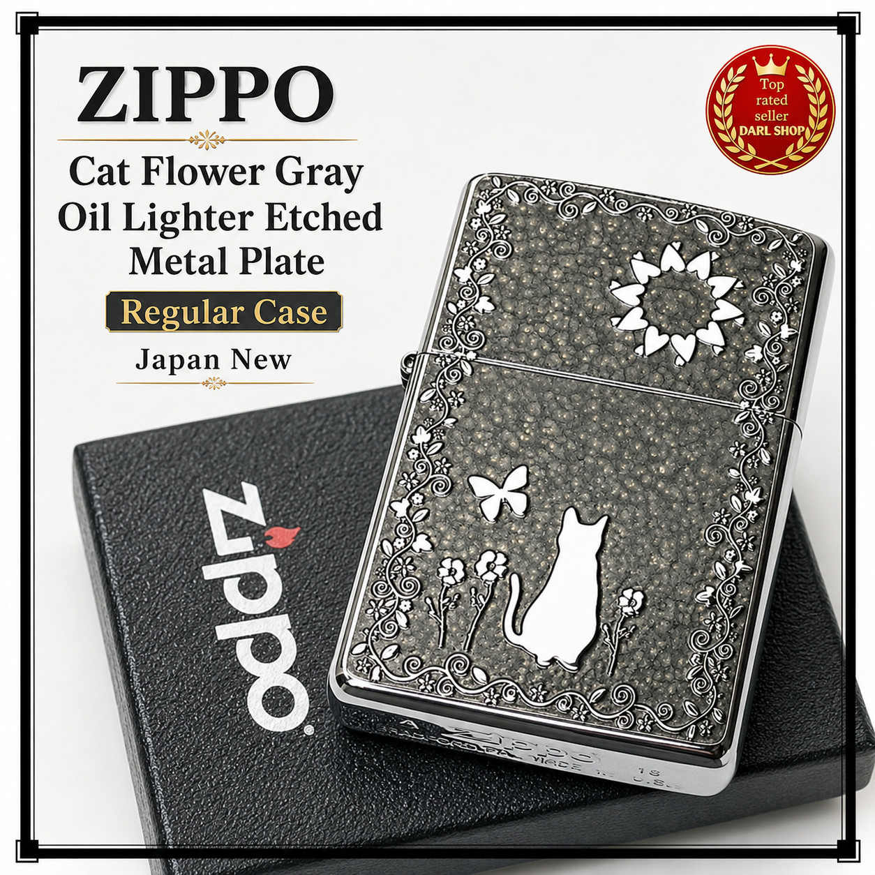 ZIPPO Cat Flower Gray Oil Lighter Etched Metal Plate Regular Case Japan New