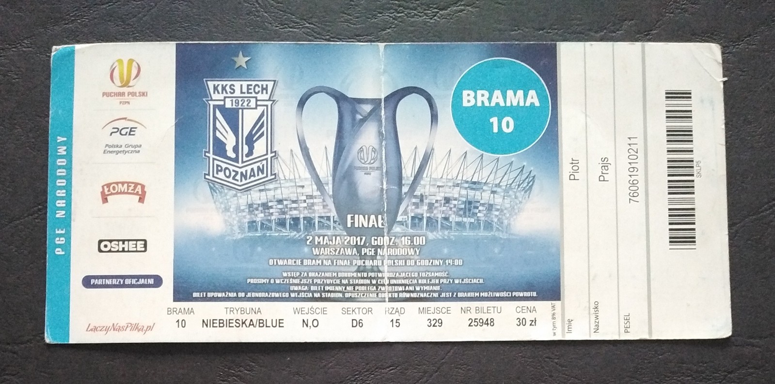 TICKET Poland Final Pucharu Polski 2/5/2017 Lech Poznan v Arka Gdynia # 329