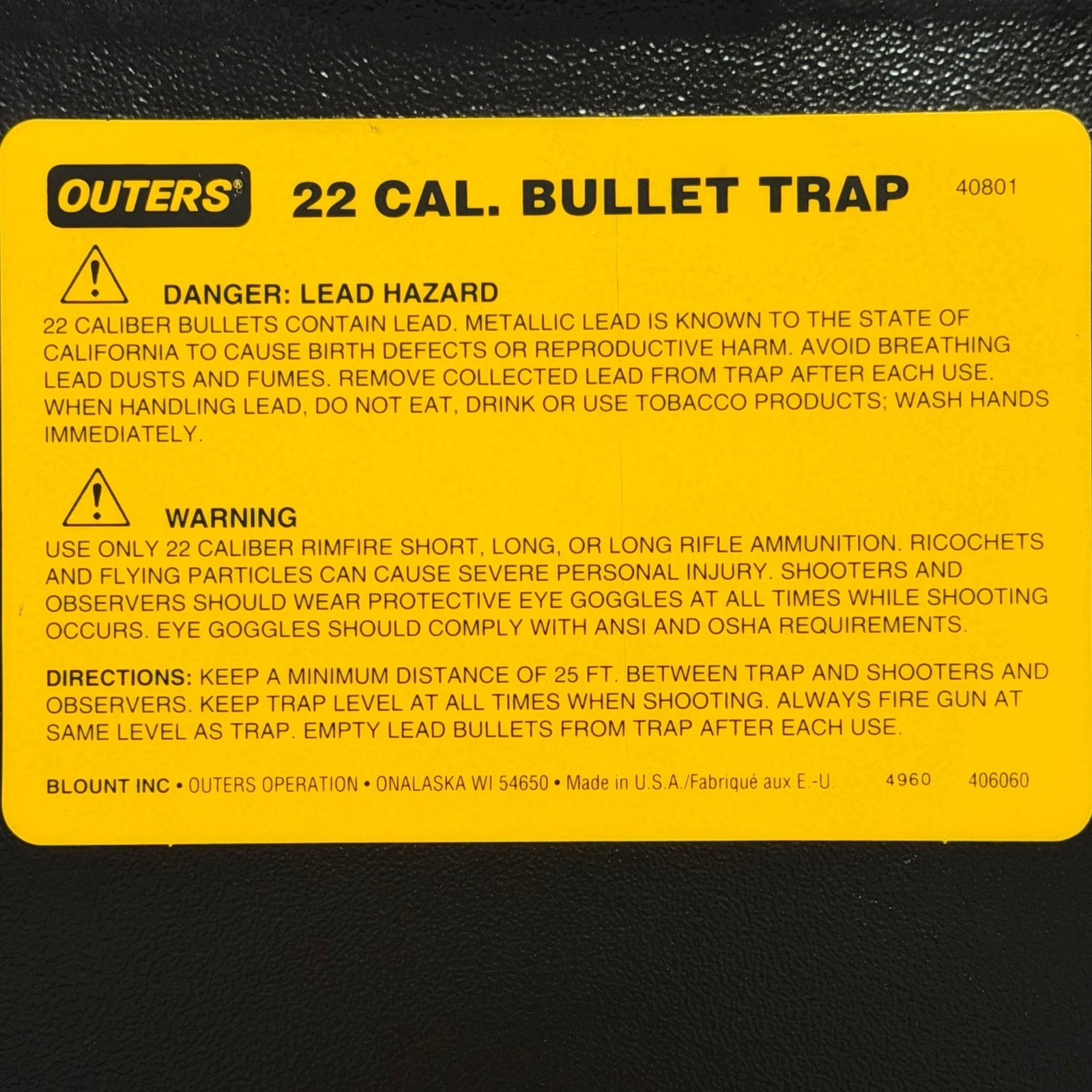 Outers 22 Cal Bullet Trap Rimfire Only Shooting Range Target