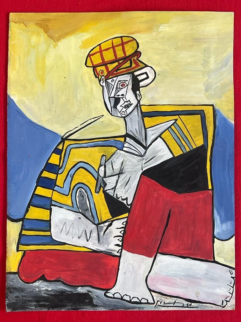 Pablo Picasso (Handmade) Drawing On old Paper Signed & Stamped Mixed Media