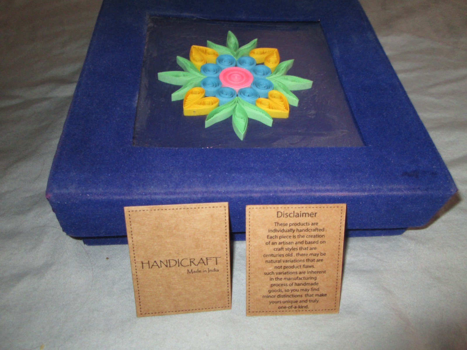 Blue Velvet Covered Box 8x8 Hand Crafted with Ribbon Inlaid From India