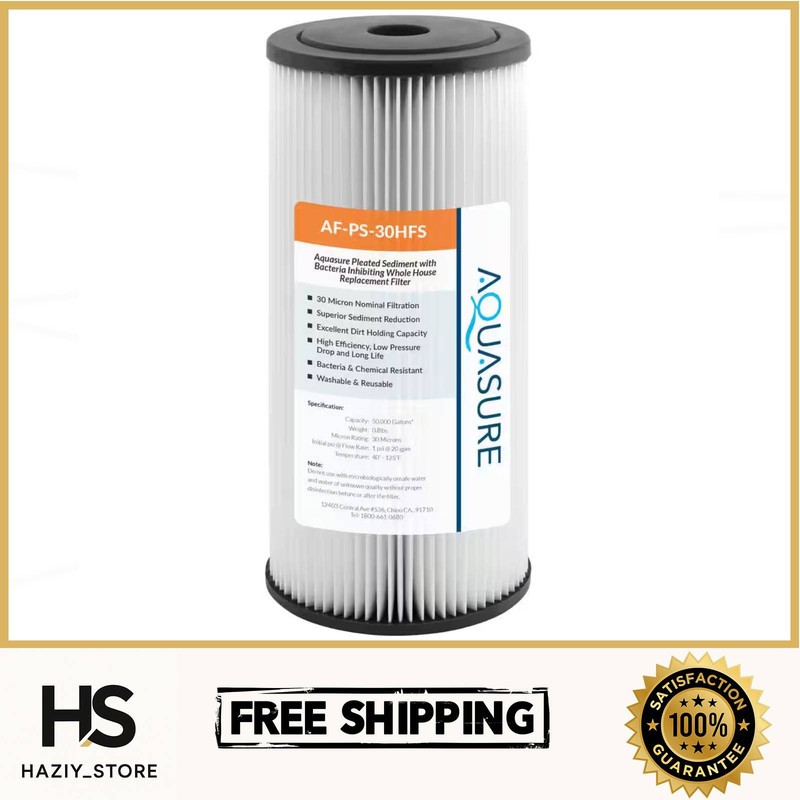 AQUASURE Water Filter Cartridge Whole House Sediment Pleated 30 Micron Washable