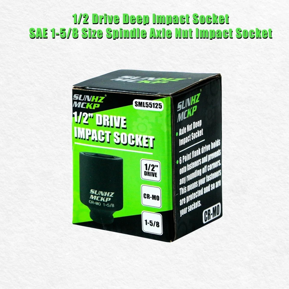 1/2 Inch Drive Impact Socket, SAE 1-5/8 in Deep 6 Point Socket, CR-MO,
