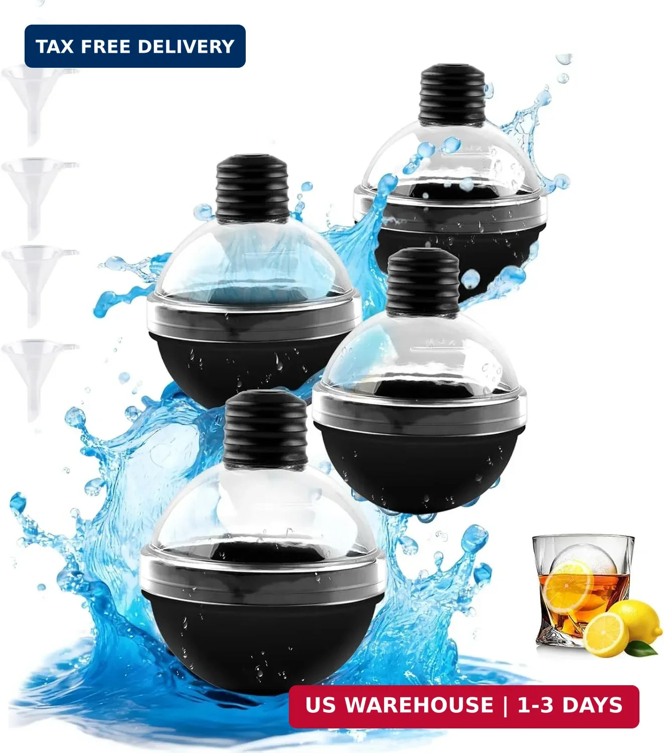 Round Ice Cube Mold - Set of 4 Large Ice Ball Maker Mold For Whiskey Cocktails,