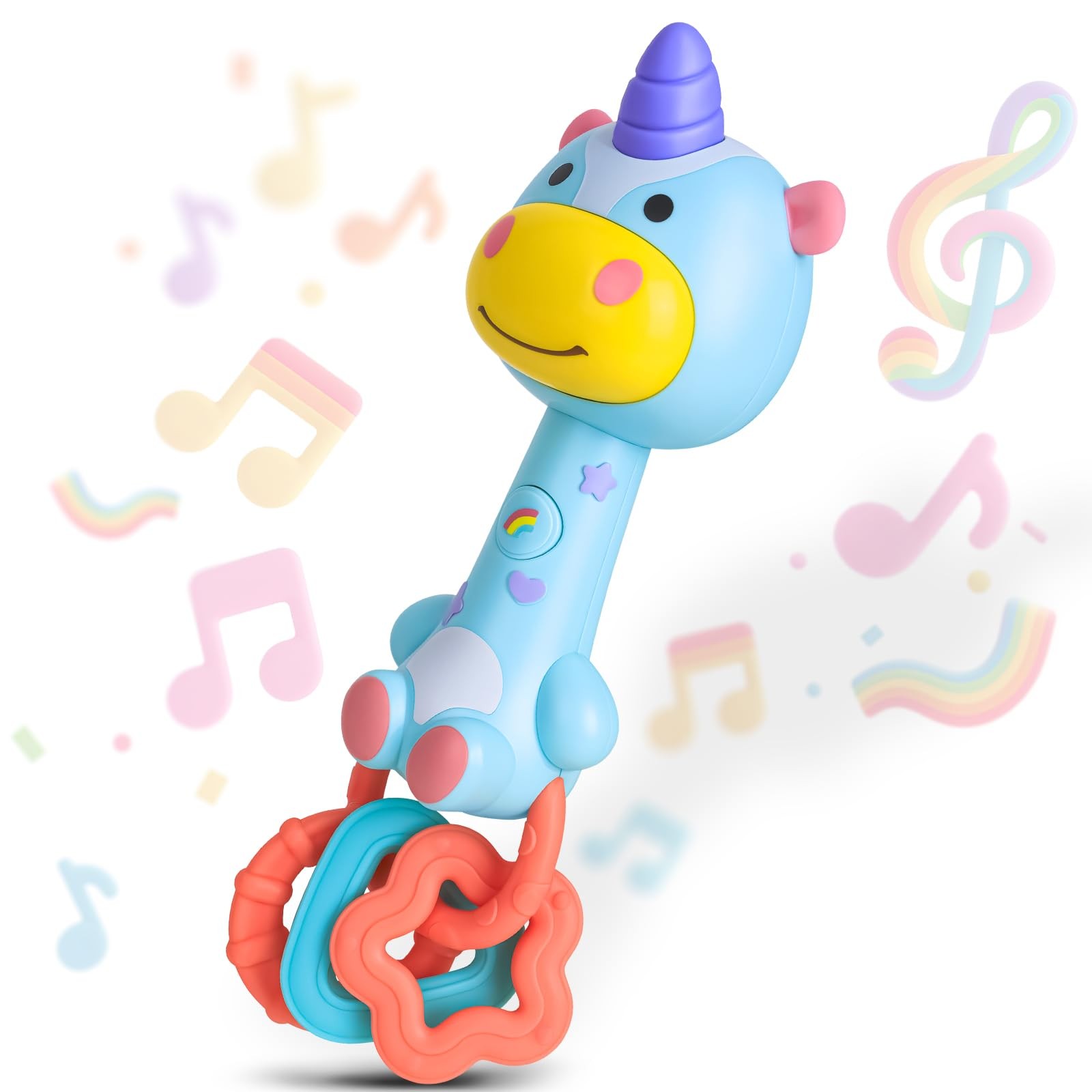 Musical Baby Rattle Toy, Soft Silicone Infant Teething Light-Up Blue