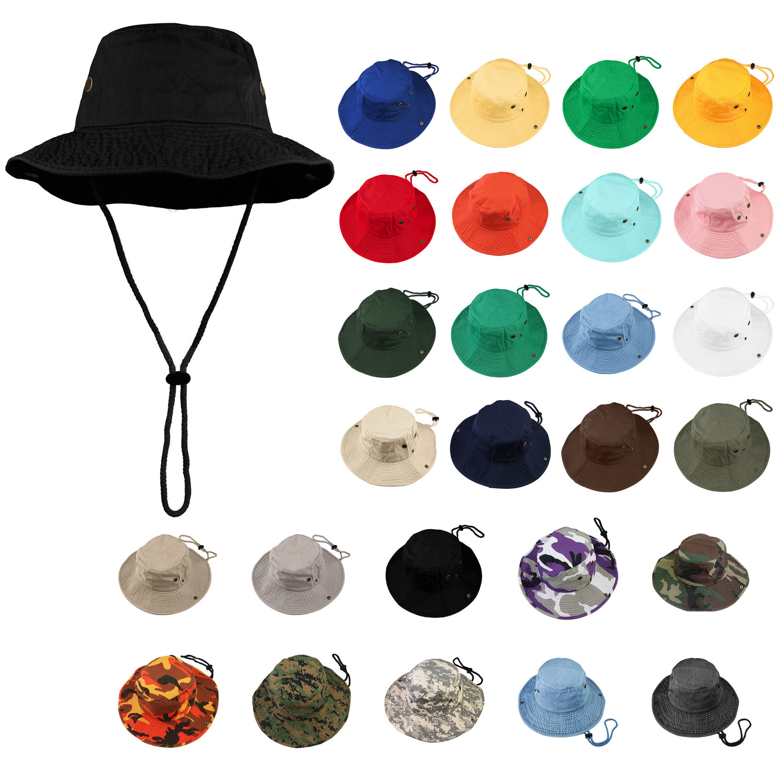 Wide Brim Hiking Fishing Safari Boonie Bucket Hats 100% Cotton UV Sun Protection