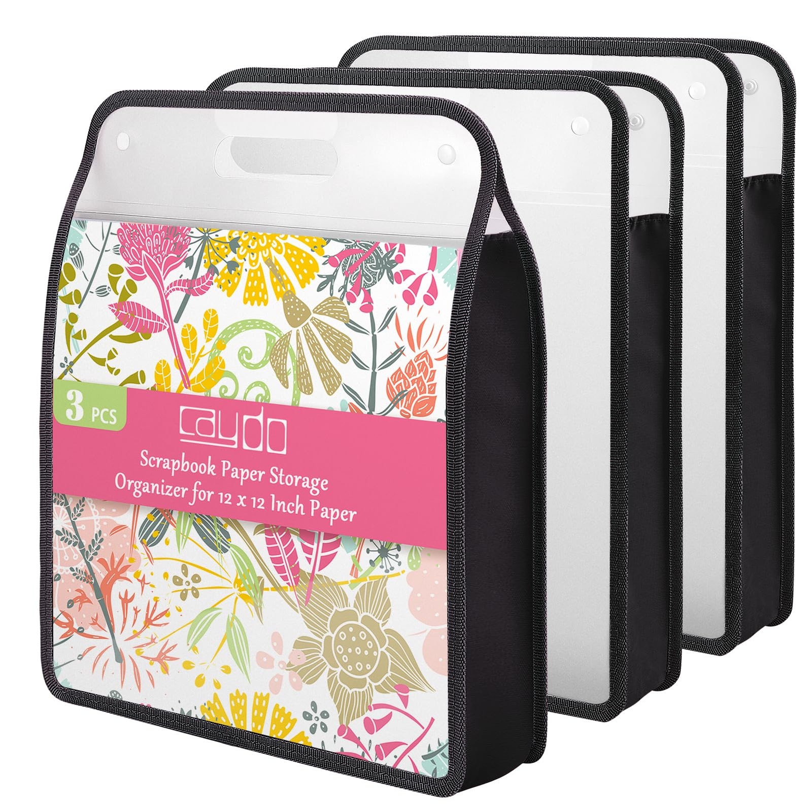 Scrapbook Paper Organizer, 3 Pack Black Expanding Paper Folio with Handle, Cl...