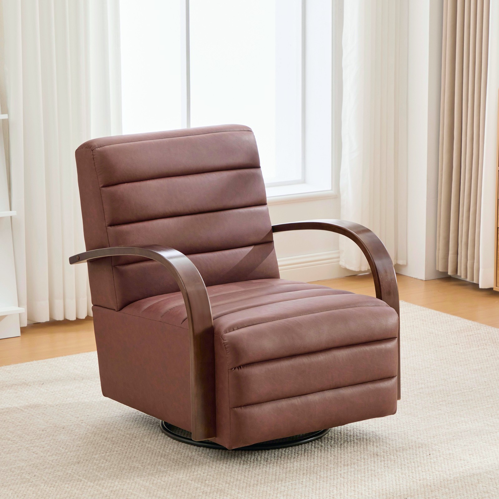 360° Swivel Accent Chair, Tufted with Wood Armrests, Brown