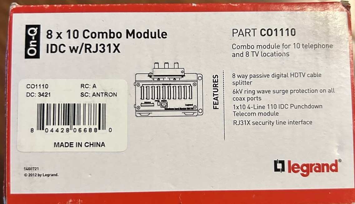 Legrand On-Q 8X10 Combo Module 110 IDC Punch Down with RJ31X