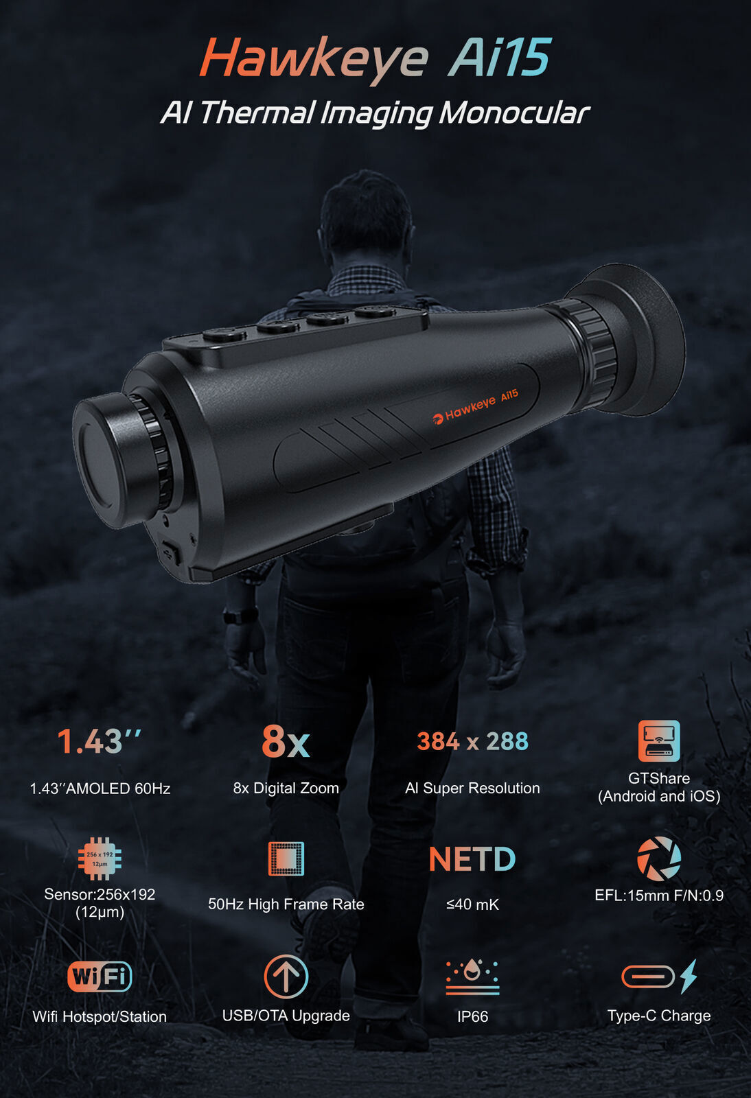 Thermal Monocular AI 384x288 Thermal Imaging Monocular 12um 15mm 60Hz WiFi 5Mode