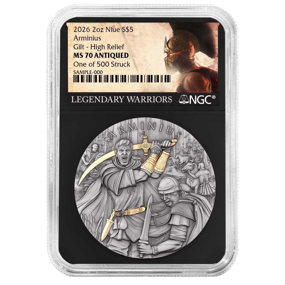 2026 $5 Niue Arminius 2 oz High Relief Silver Antiqued and Gold Gilded NGC MS70