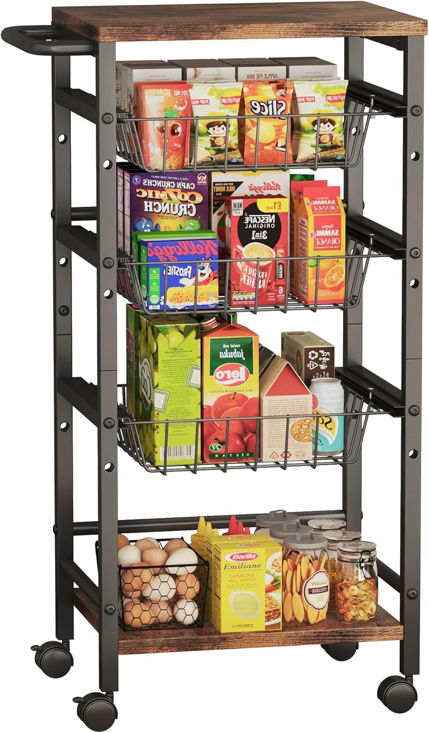 5-Tier Snack Organizer Cart with 3 Height Adjustable Pull-Out Baskets and 2 Stor