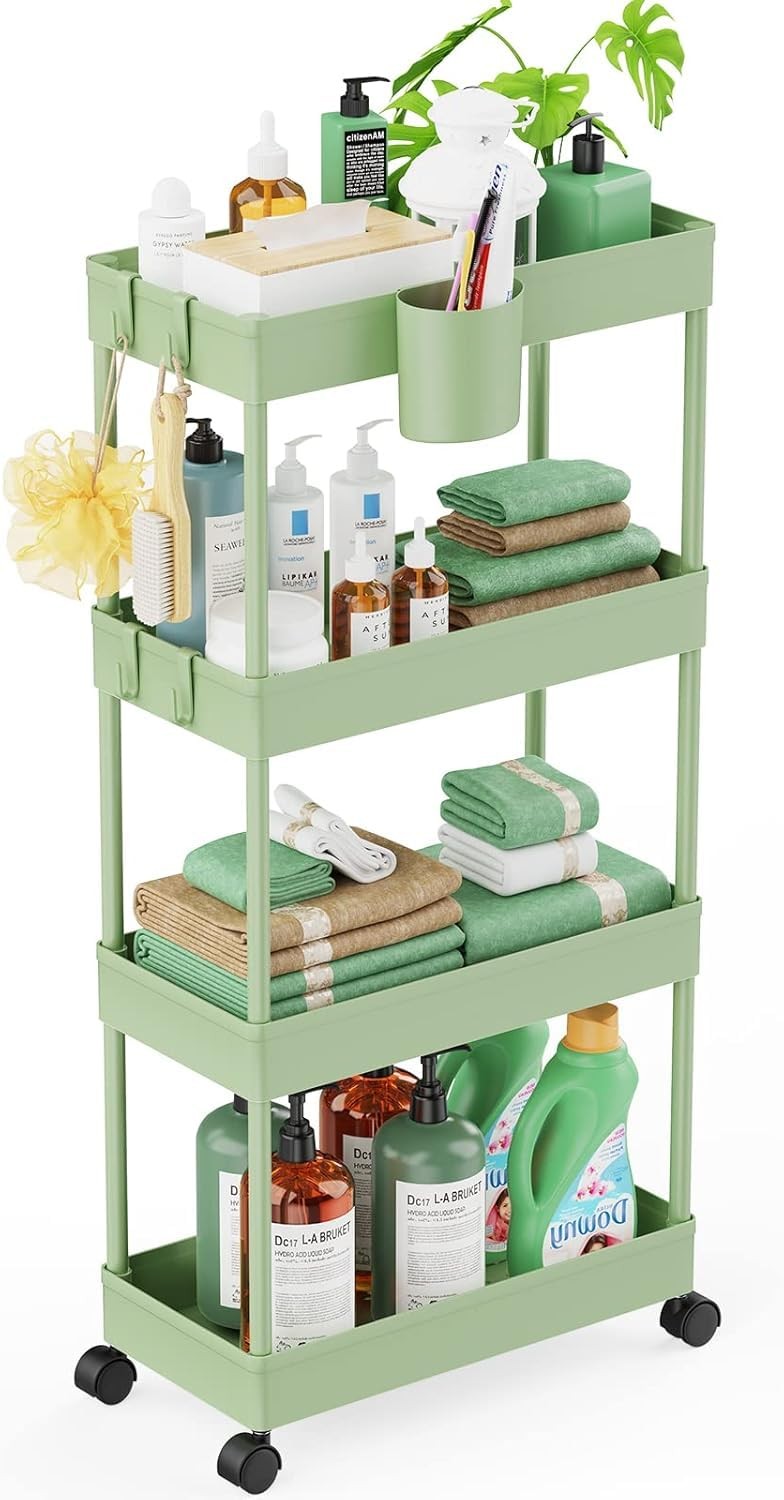 Slim Rolling Storage Cart - 4 Tiers Bathroom Organizer Utility Cart Slide Out...