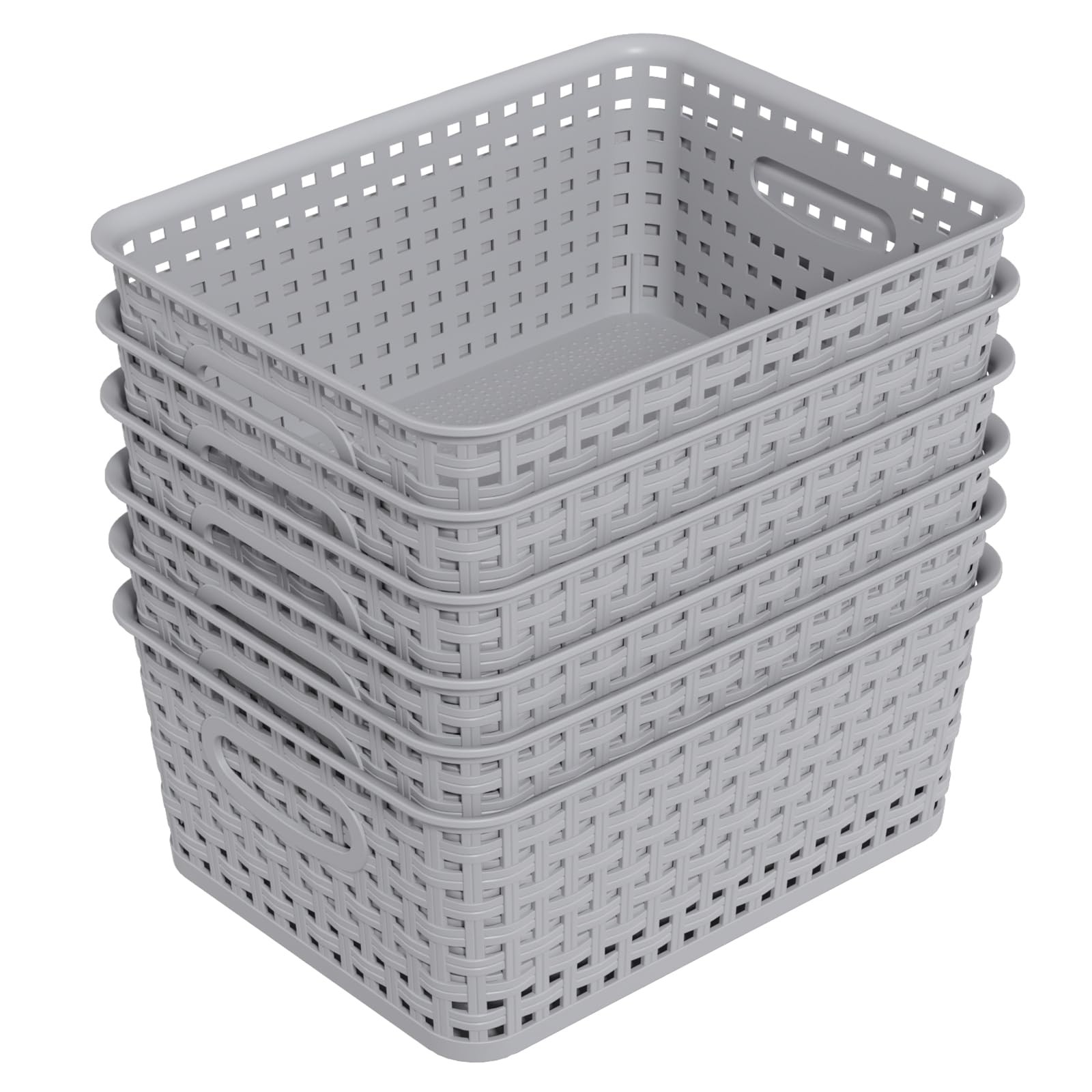 6 PCS Gray Plastic Woven Baskets Storage For Organizer Shelf Pantry Desktop