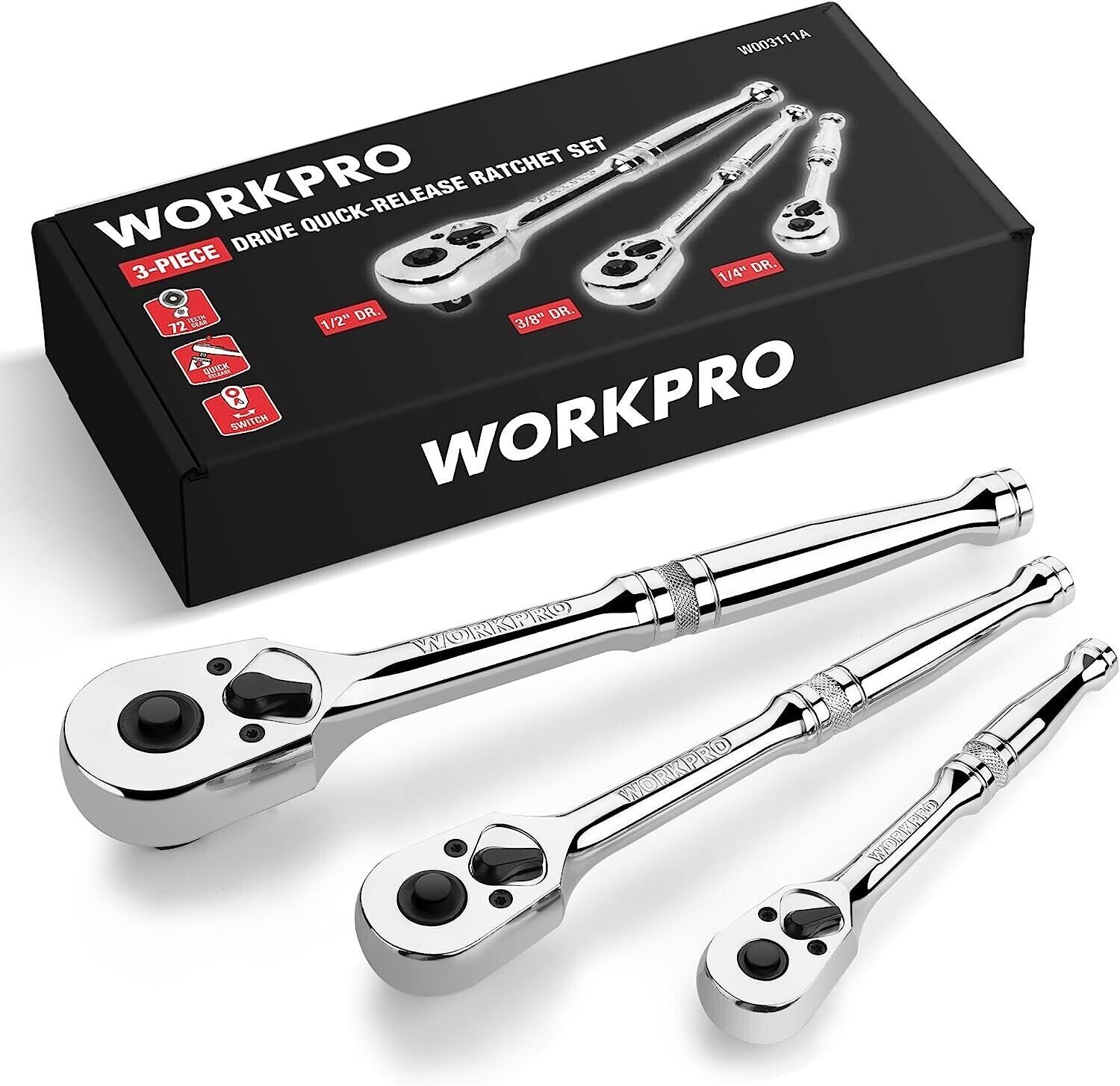 WORKPRO 3PCS Ratchet Set 1/4" 3/8" 1/2" Dr Ratchet Handle Quick Release 72-Tooth