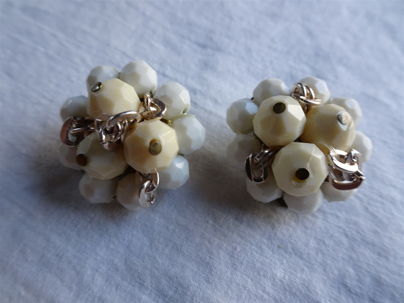 Vintage White & Cream Colored Plastic Bead Clip On Earrings, Western Germany