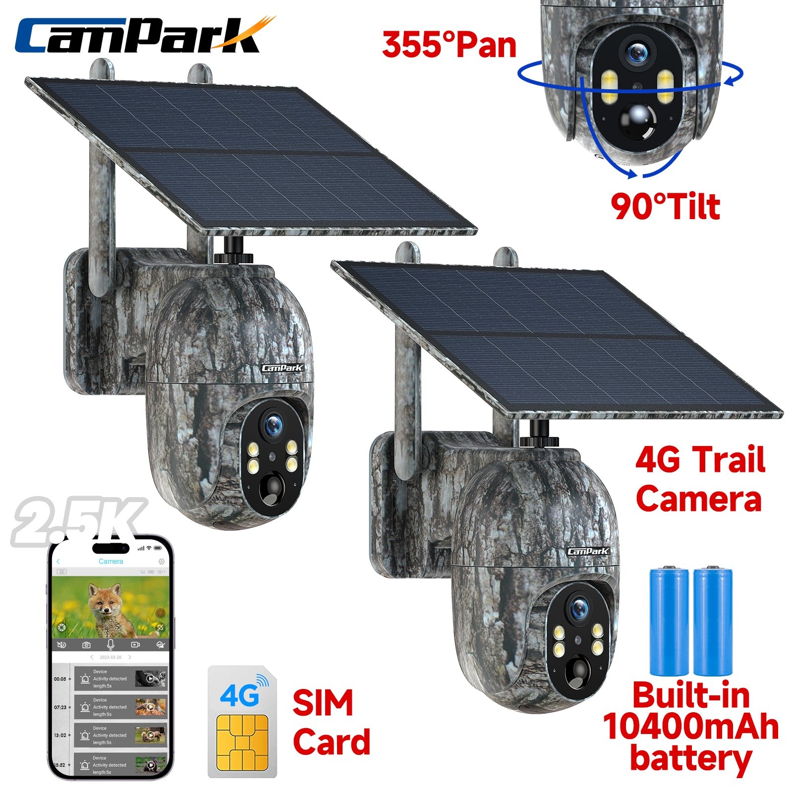 2* Solar Powered 4G LTE Cellular 2.5K PTZ Trail Camera Hunting Cam SIM Card US