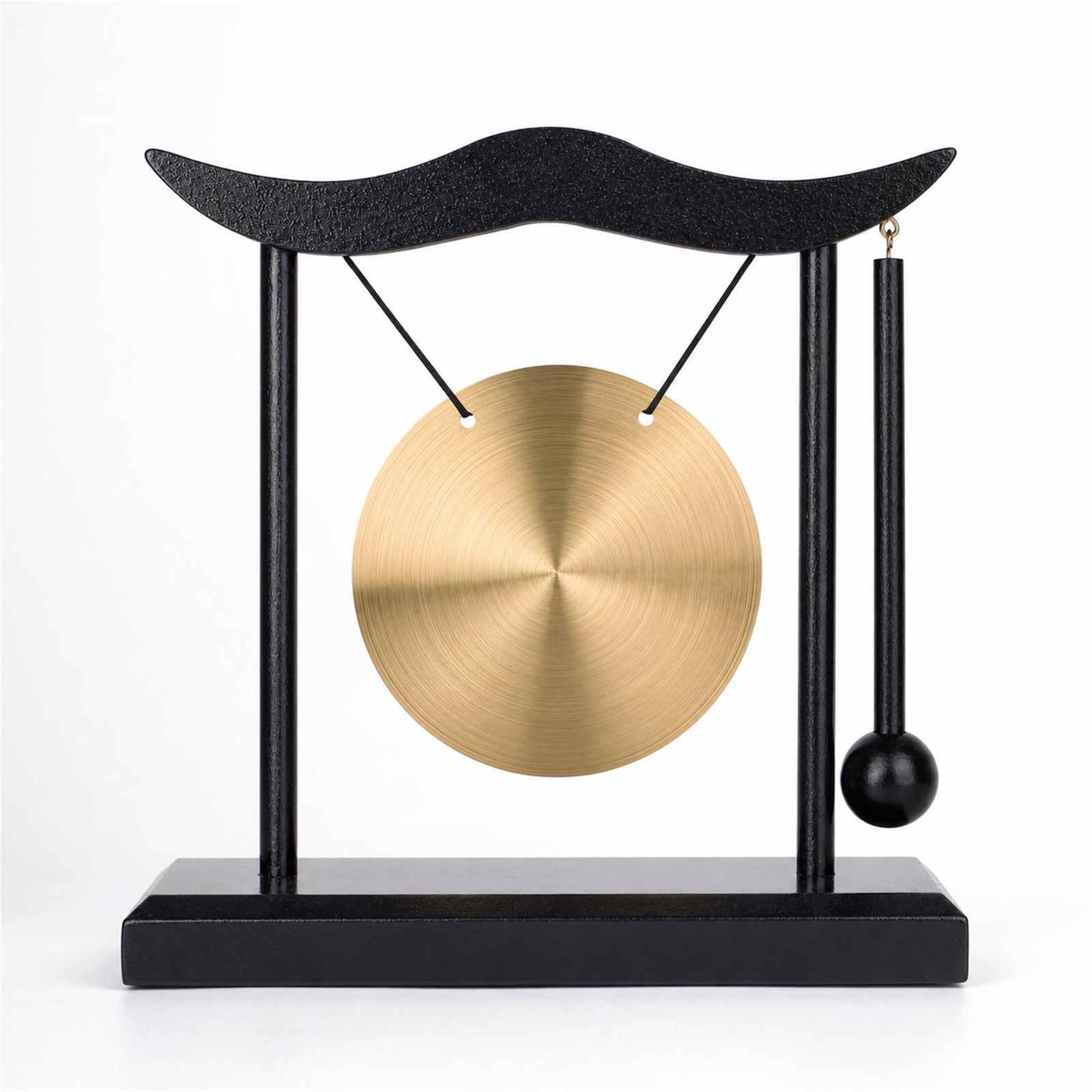 Mini Gong with Wood Stand and Mallet, Feng Shui Desktop Decor, black, yellow