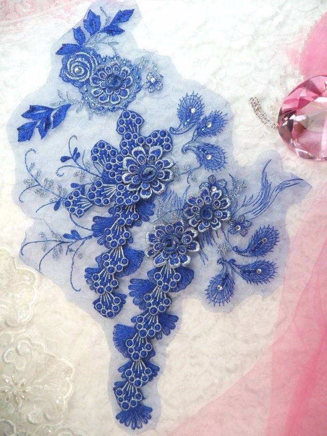 Embroidered 3D Applique Blue Silver Floral Patch Rhinestone Accented 16" (DH73)