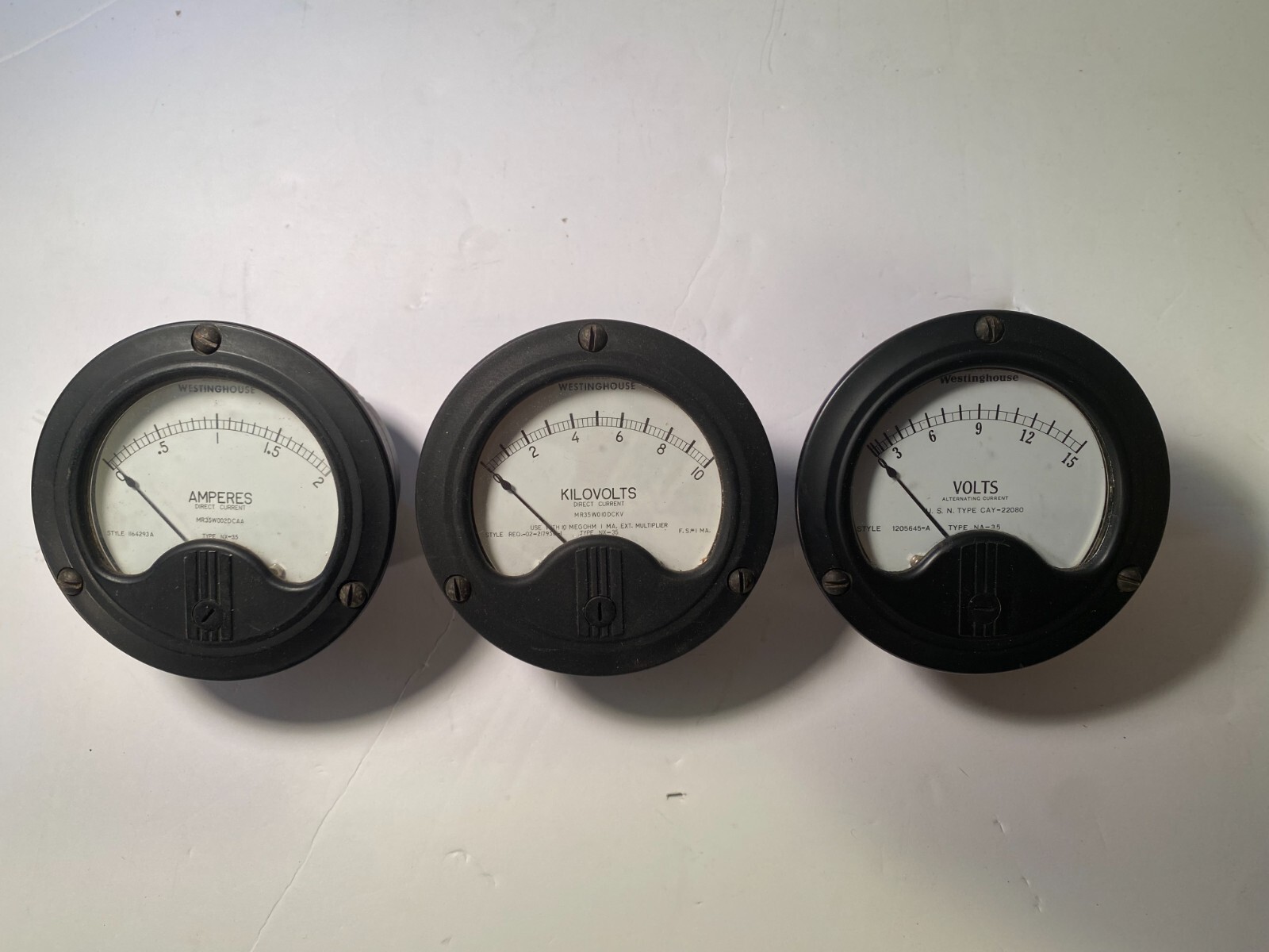 (3) Westinghouse NX-35, NA-35 VOLTS, AMPERES, KILOVOLTS 3.5" Gauges