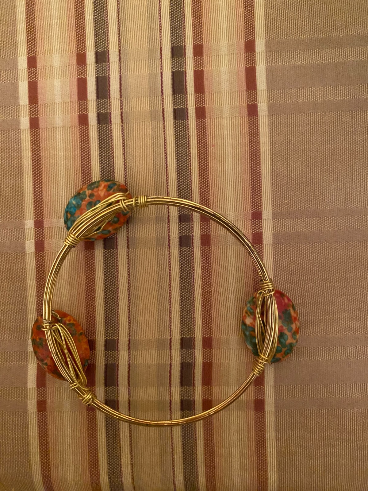 Handcrafted Wire Wrapped Bangle Bracelet Three Oval Turquoise or Reddish Orange