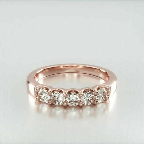 Real Moissanite 1.40Ct Round Five Stone Wedding Ring 14K Rose Gold Plated Silver