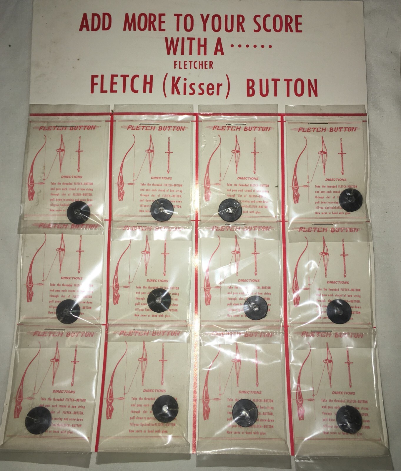 12 VINTAGE Archery String Kisser Buttons by FLETCHER RARE DEALER DISPLAY CARD