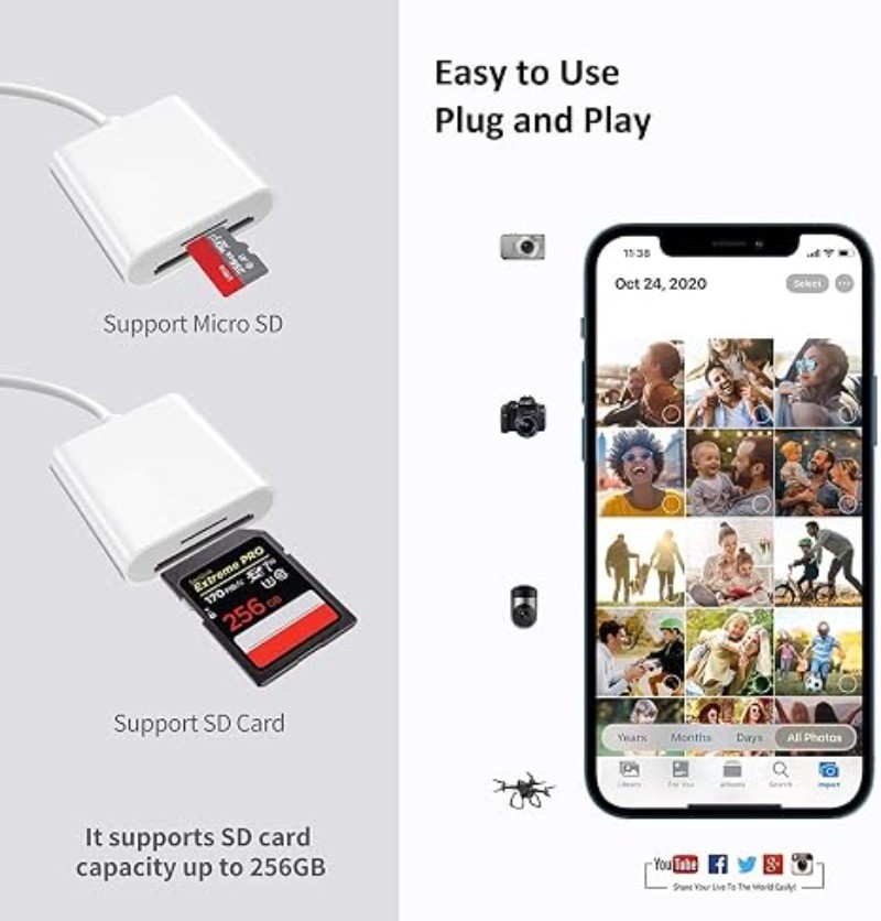 2-in-1 Lightning SD Micro SD Card Reader Adapter Plug and Play for iPhone iPad